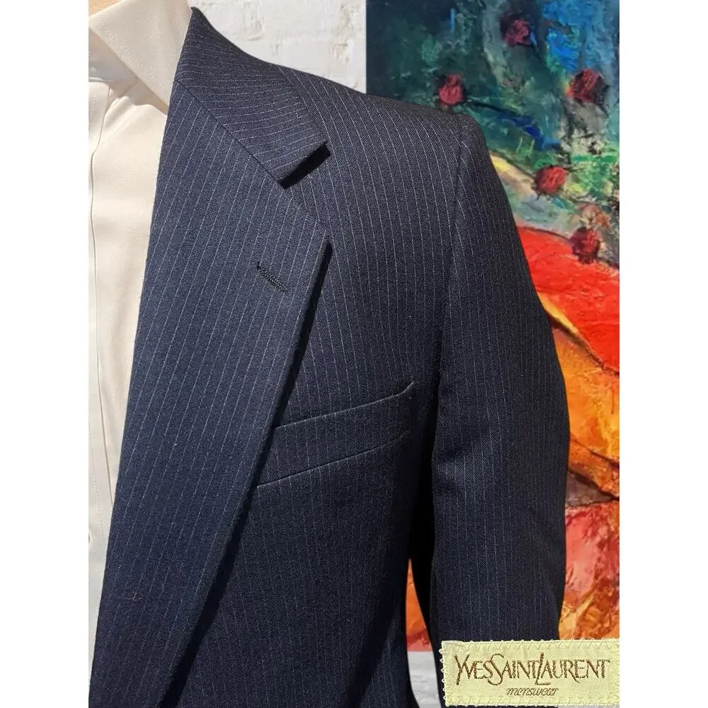 Vtg Yves Saint Laurent France 40L Navy Blue Tonal Stripe Flannel Blazer